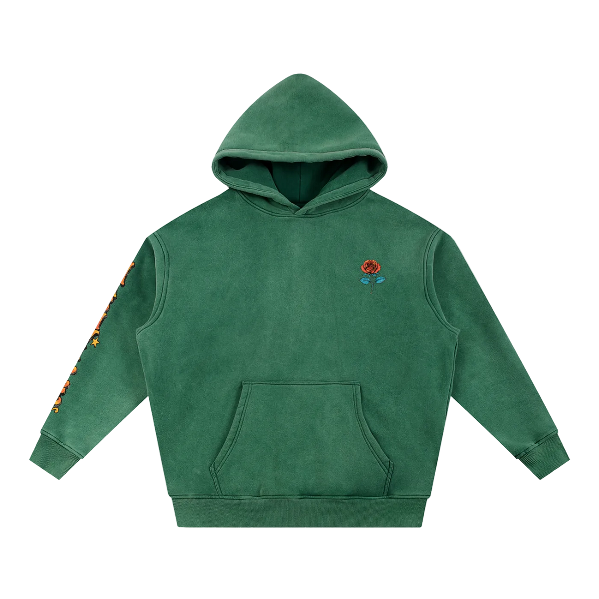 A dark green hooded sweatshirt with a small embroidered red rose on the left chest and a graphic print down the right sleeve, displayed on a solid white background.