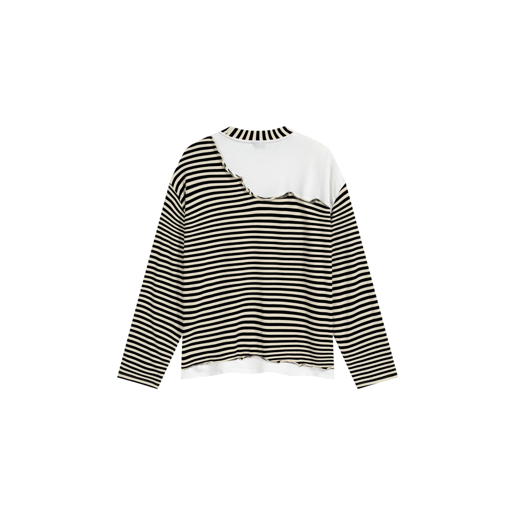 A long-sleeve knit top with black and white horizontal stripes on the body and sleeves, featuring a solid white ruffled collar and a white ruffled hem detail, displayed on a solid white background.