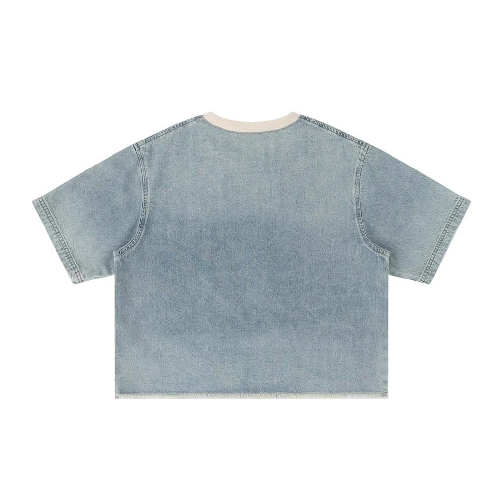 Light blue denim t-shirt on a white background