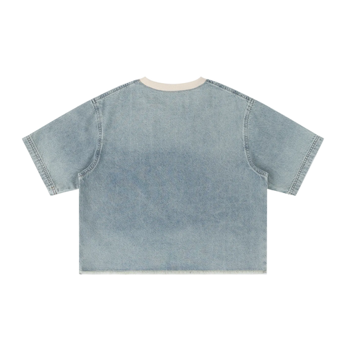 Light blue denim t-shirt on a white background