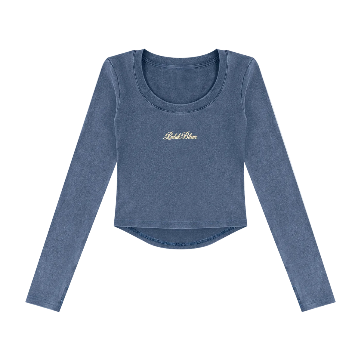 A blue long-sleeve crop top with a scoop neck and a small gold 'Breathe' logo on the chest, displayed on a clean white background.