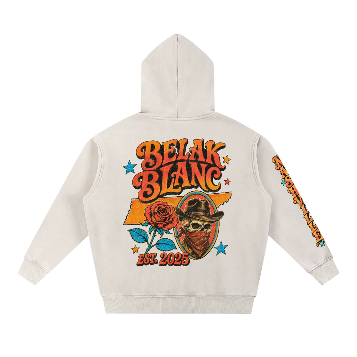An off-white hooded sweatshirt shown from the back, featuring a large graphic print with the words 'BELAK BLANC', a skull in a cowboy hat, a rose, stars, and 'EST. 2025'.
