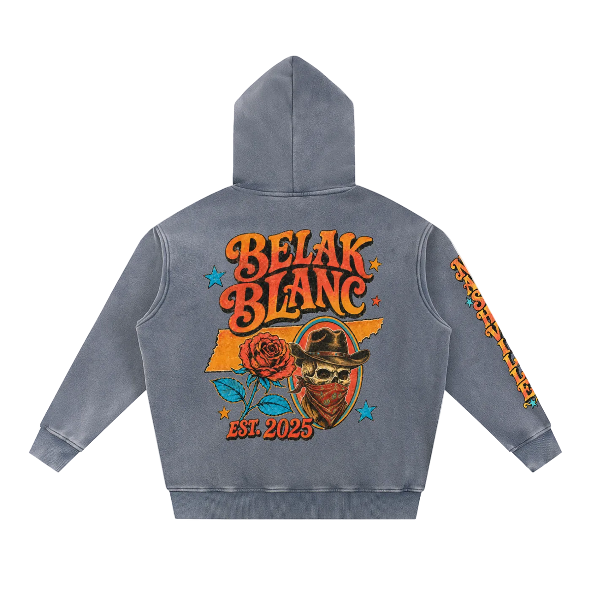 A washed slate blue-gray pullover hoodie with a small embroidered red rose on the left chest and a colorful floral pattern down the right sleeve, shown on a plain white background.
