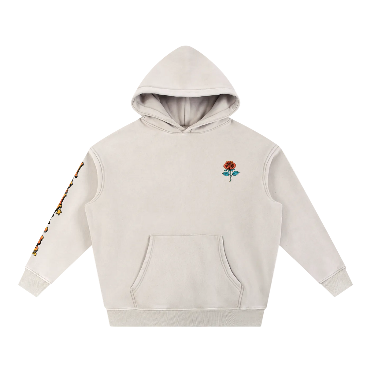 A light beige hooded sweatshirt with a small embroidered red rose on the left chest and a colorful floral pattern down the right sleeve, shown against a plain white background.