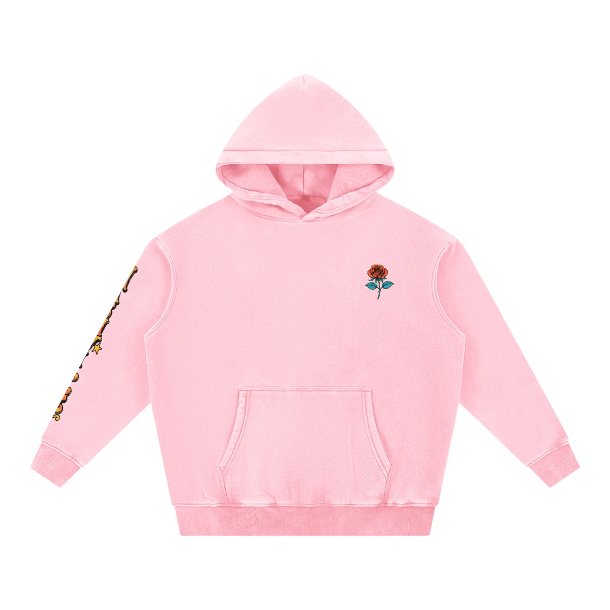 A light pink pullover hoodie with a kangaroo pocket, featuring a small embroidered rose on the left chest and a colorful graphic print down the right sleeve, shown against a plain white background.